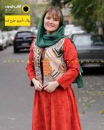 کت و دامن مخمل و ژاکارد مدل هستی نارنجی لمه دار تیره