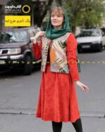 کت و دامن مخمل و ژاکارد مدل هستی نارنجی لمه دار مجلسی