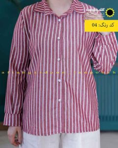 شومیز لینن راه راه کوتاه ارزان زرشکی