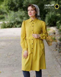 مانتو خردلی دانشجویی دکمه دار بلند