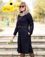 مانتو مخمل یقه انگلیسی دکمه دار بلند سرمه ای تیره