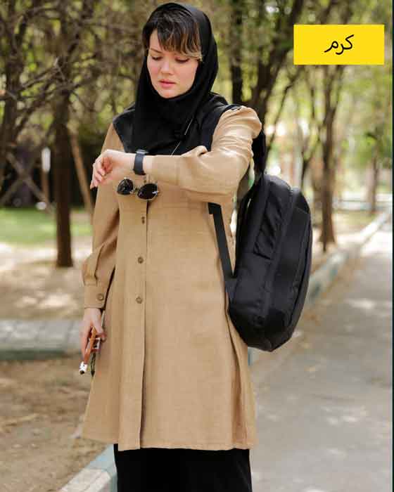 مانتو کمرجذب پیلی دار،دکمه خور کرم تیره