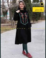 پیراهن مخمل کبریتی گلدوزی مشکی ذغالی