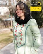 پیراهن مخمل کبریتی گلدوزی آدامسی روشن