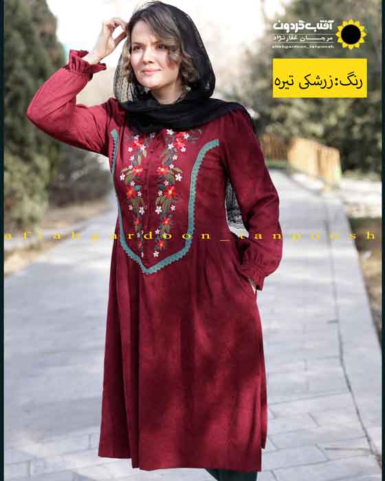 پیراهن مخمل کبریتی گلدوزی زرشکی