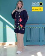 مانتو مخمل دکمه دار گلدوزی شده سرمه‌ای روشن