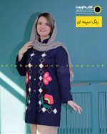 مانتو مخمل دکمه دار گلدوزی شده سرمه‌ای