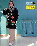 مانتو مخمل دکمه دار گلدوزی شده مشکی پر کلاغی